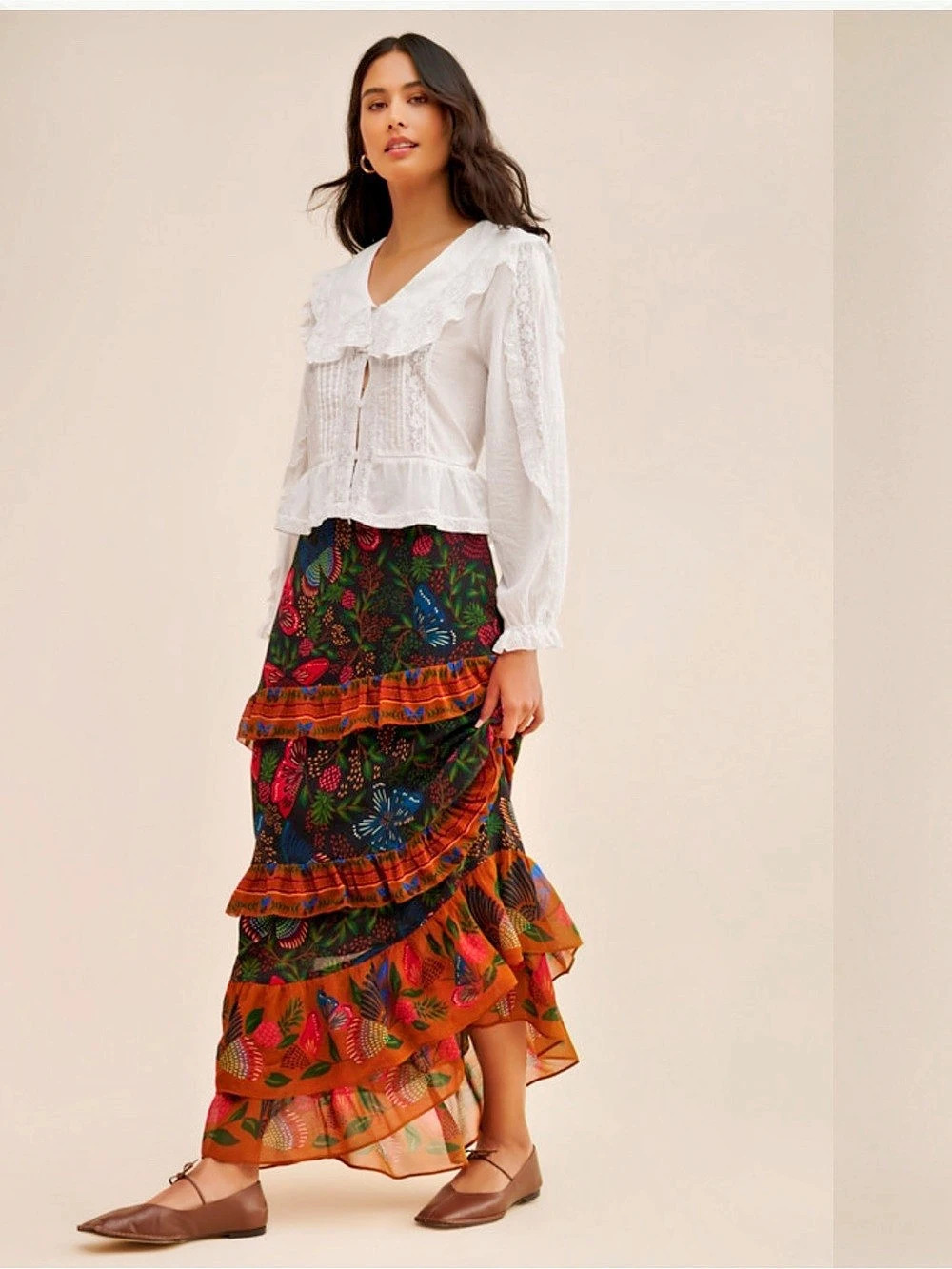 Farm Rio Floral Tiered Maxi Skirt in Black & Orange Size Medium